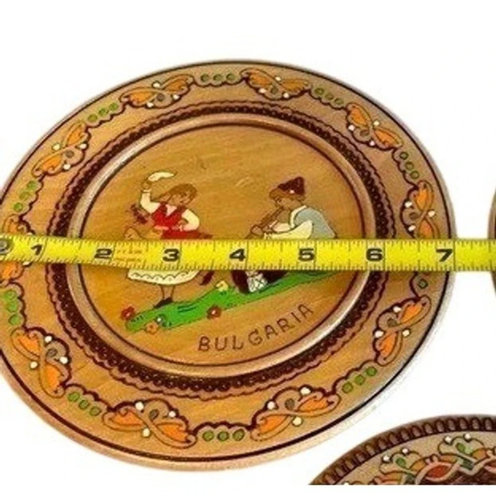 Set of‎ 3 Vintage Wooden Plates Folk Art Bulgaria Hand Painted Decorative